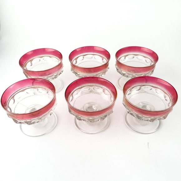 Vintage set of 6 Tiffin Kings Crown Thumbprint Coupe Glass, Cranberry Trim - Picture 2 of 5
